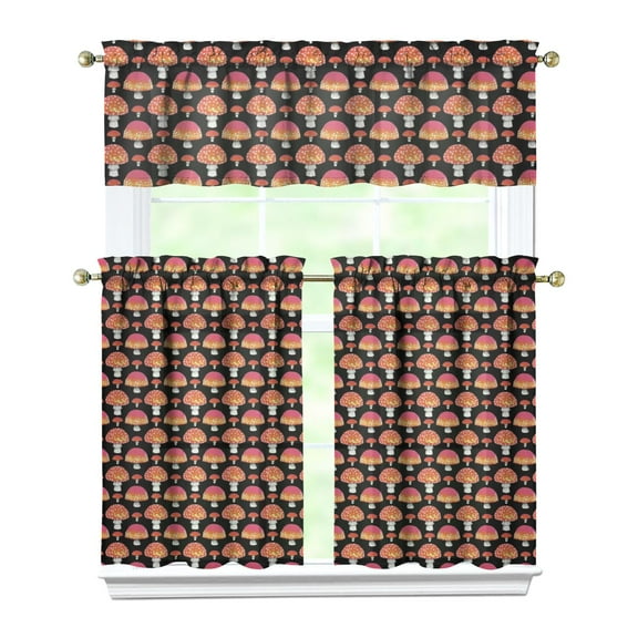 Whimsical Mushroom Kitchen Curtains Set, 3 Piece Rod Pocket Curtains, Fairy Tale Mushroom Kitchen Curtains for Kitchen Windows