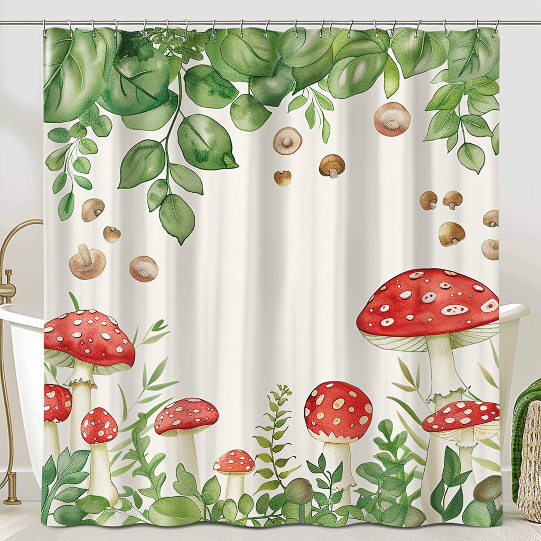 Whimsical Mushroom & Leaf Design Shower Curtain Cartoon Style White