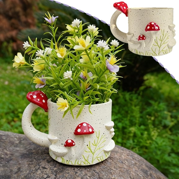 Whimsical Mushroom Mug Resin Planter For Succulents And Small Flowers, 4.92 X 4.13 X 3.54 In, Weather Resistant Outdoor Indoor Garden Decor, Cute Housewarming Gift For Planters And Gardeners
