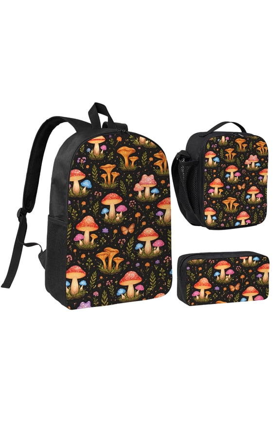 Whimsical Mushroom Pattern Backpack Set 3pc Backpack with Lunch Bag and Bag 17 Inch