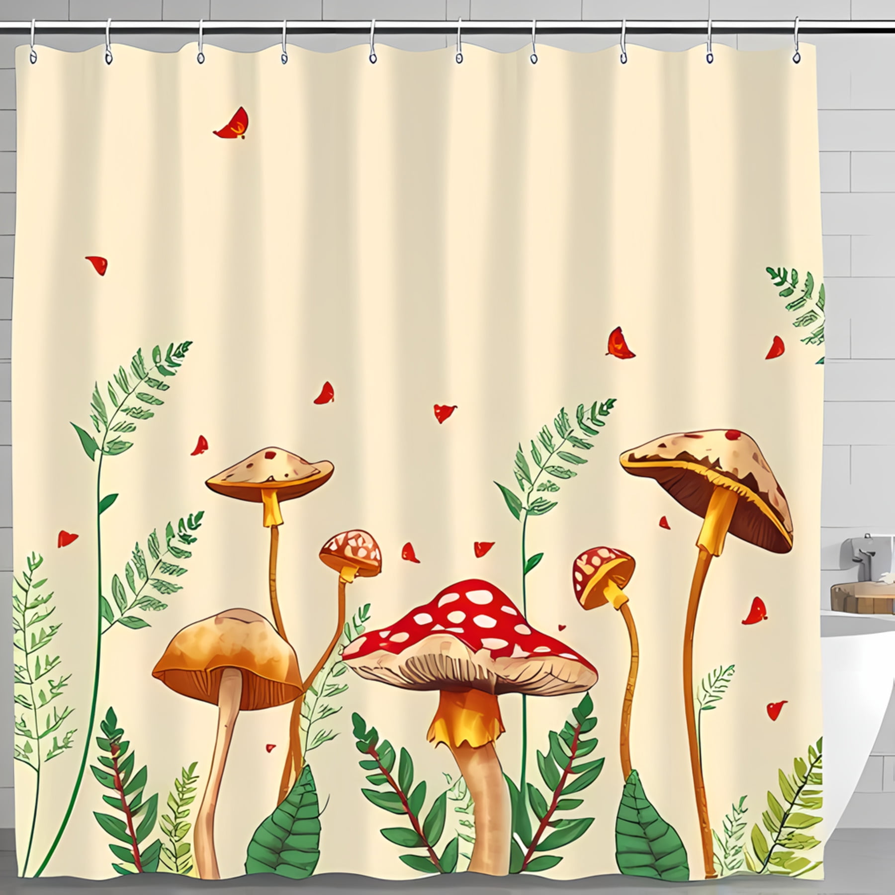 Whimsical Mushroom Shower Curtain Design with Ferns & Colorful Leaves