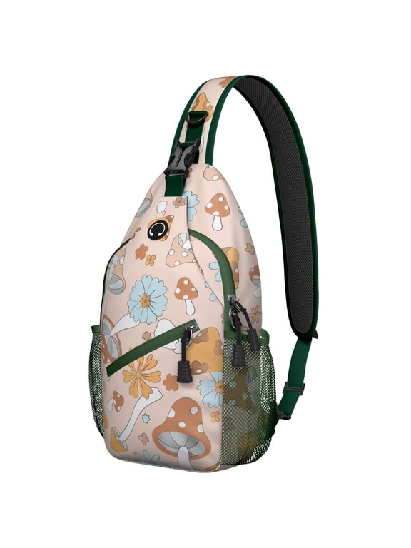 Whimsical Mushroom Sling Backpack, Magical Forest Crossbody Bag with Cottagecore Fungi, Boho Psychedelic Aesthetic and Botanical Mushroom Art