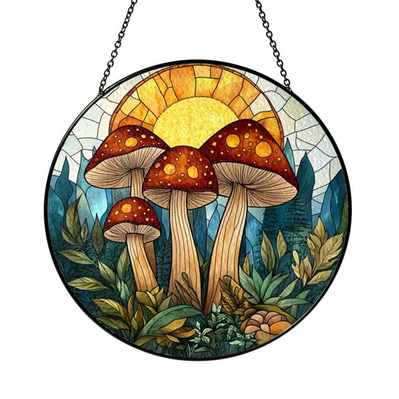 Whimsical Mushroom Stained Glass Round Window Decor, Fun Garden Art Design, Cheerful Home Display Gift