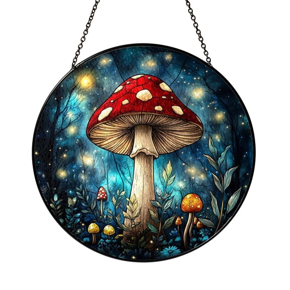 Whimsical Mushroom Stained Glass Suncatcher, Round Window Hanging with Bright Forest Colors