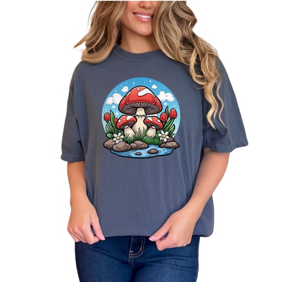 Whimsical Mushroom T-Shirt, Fantasy Nature Art Tee, Cute Toadstool Design, Unique Graphic Shirt, Fun Outdoor Print, Casual Wear Top, Denim Comfort Colors T-Shirt, Small