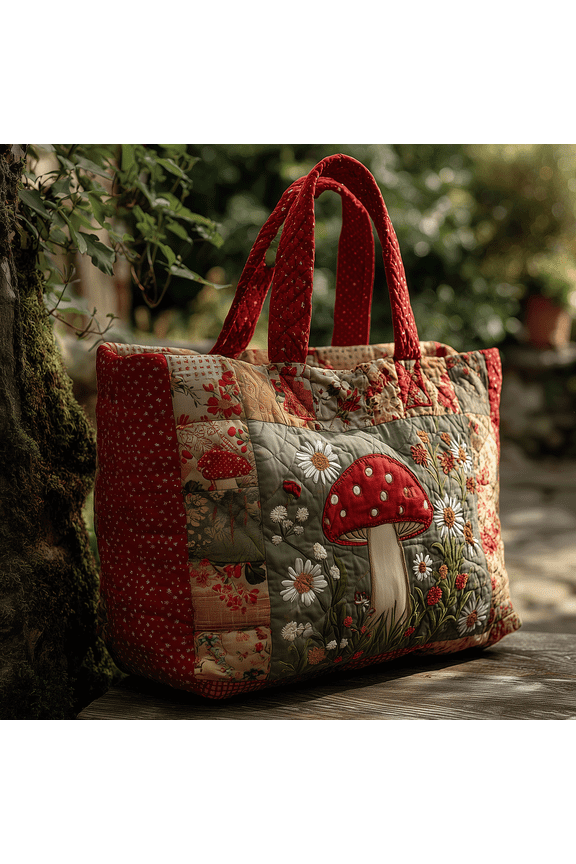 Whimsical Mushroom World Quilted Tote Bag, Women Quilted Tote Bag, Handmade Patchwork Tote, Women Shoulder Bag, Gift For Her