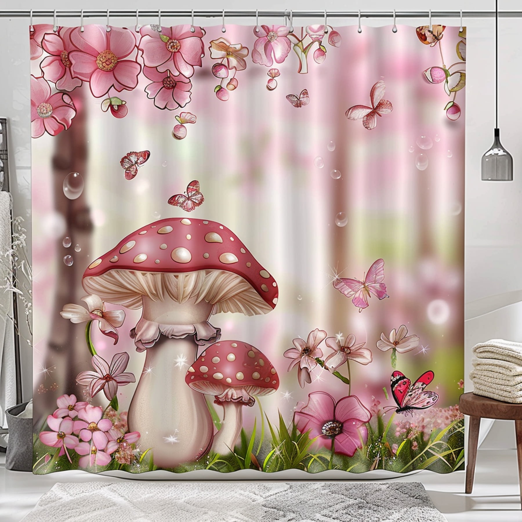 Whimsical Mushroom and Butterfly Shower Curtain Pink Floral Bathroom