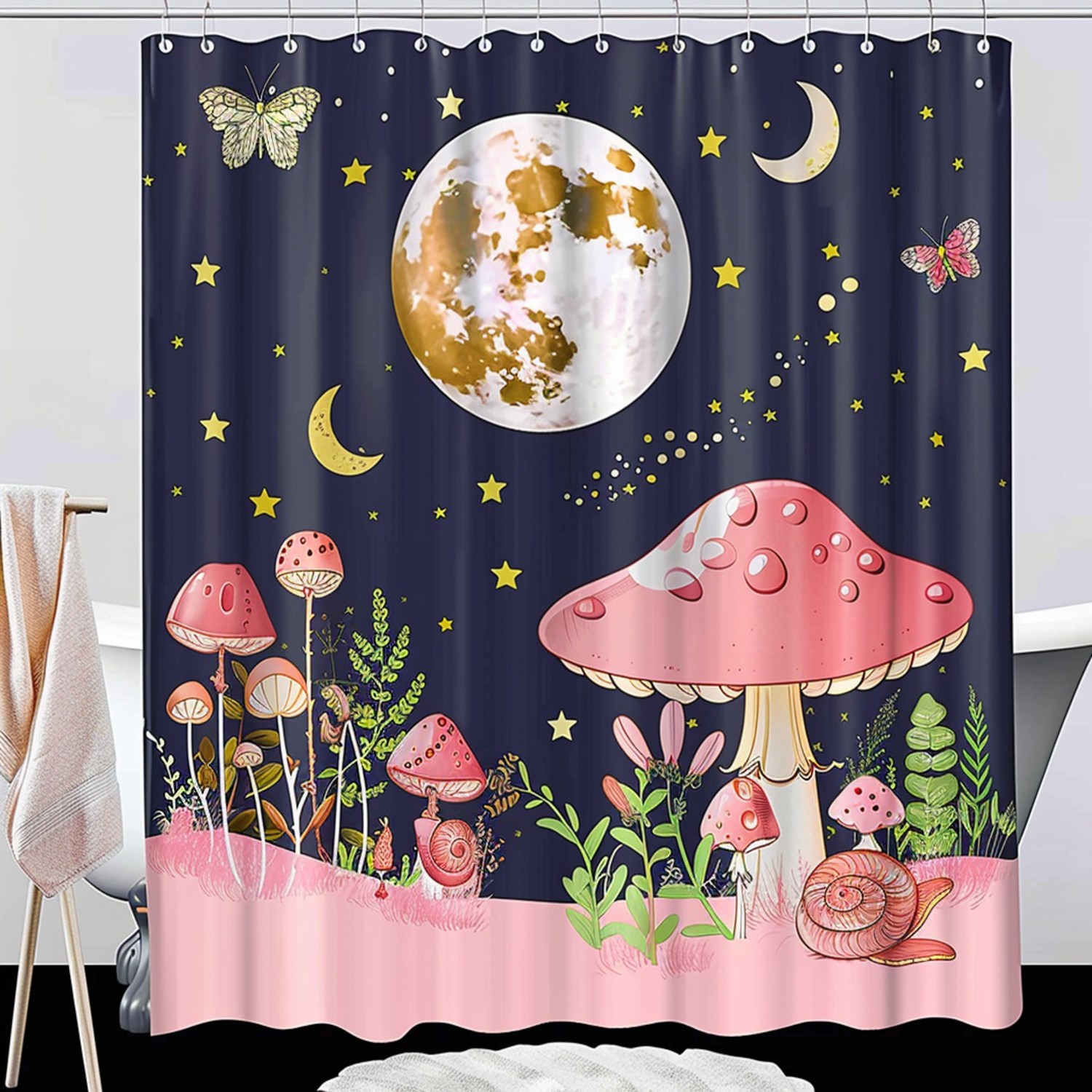 Whimsical Mushroom and Snail Shower Curtain Cartoon Style with Moon