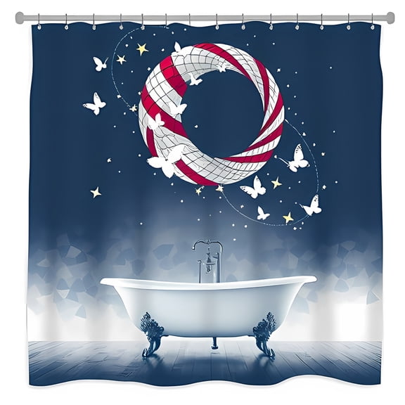 Whimsical Navy Blue Shower Curtain with Red & White Striped Circle Butterflies & Golden Stars - Elegant Bathroom Decor