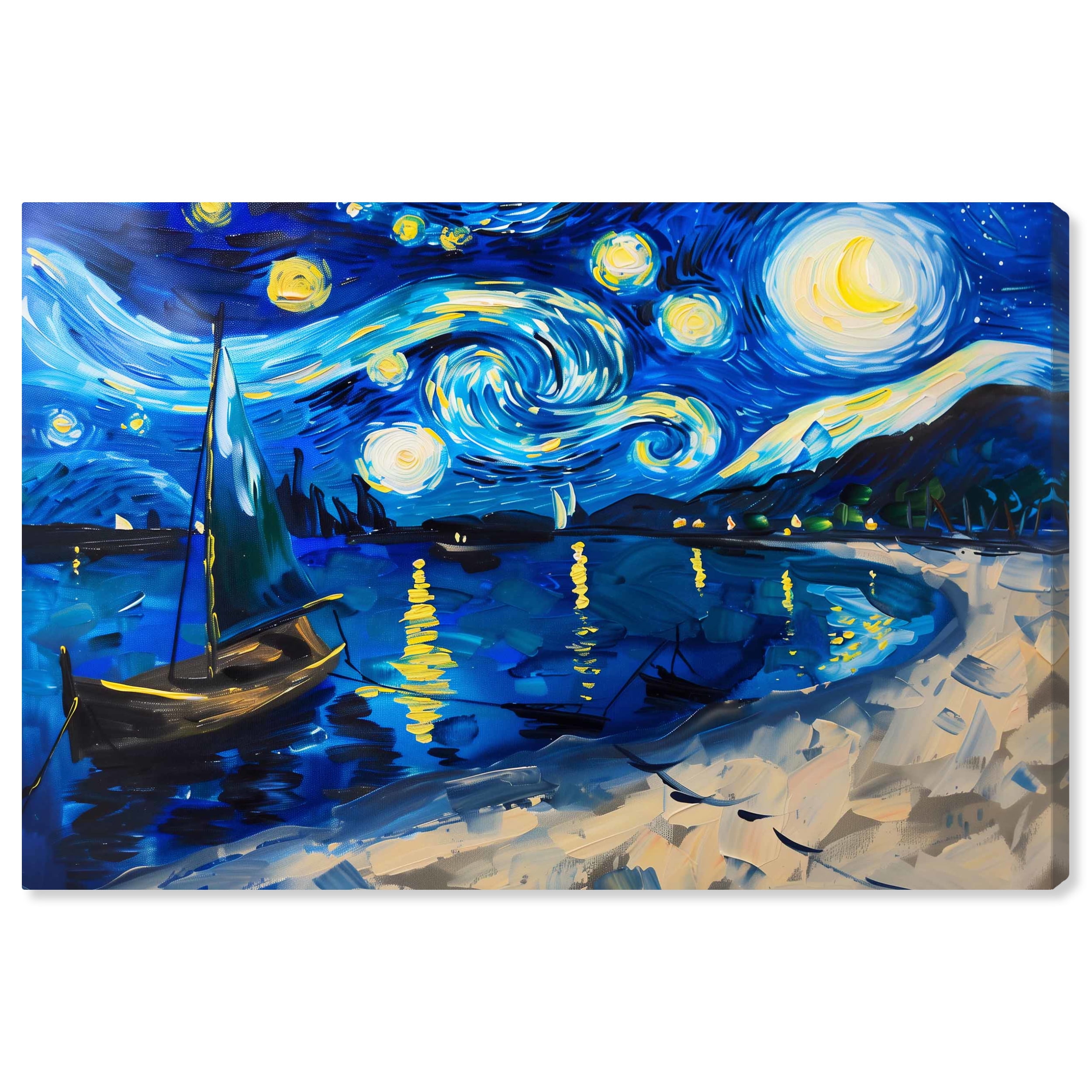 Whimsical Night Sail Blue and Yellow Canvas Wall Art, 30" x 20"