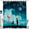 thumbnail image 1 of Whimsical Night Sky Shower Curtain with Moon Clouds Silhouettes & Flamingos - Tropical Decor, 1 of 5