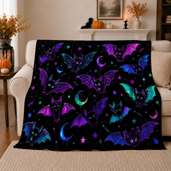 Whimsical Nocturnal Bat Celestial Stars Design, Playful Celestial Art Scene, Warm Flannel Blanket for Living Room and Bedroom, Celestial Art Lovers Housewarming Gift, Fantasy Home Decor