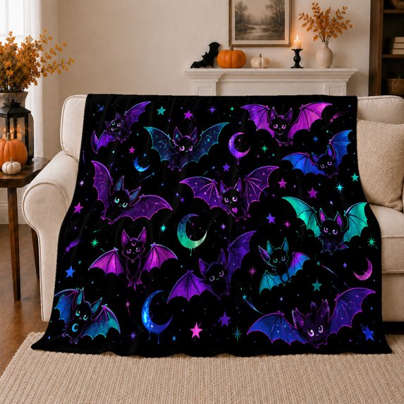 Whimsical Nocturnal Bat Celestial Stars Design, Playful Celestial Art Scene, Warm Flannel Blanket for Living Room and Bedroom, Celestial Art Lovers Housewarming Gift, Fantasy Home Decor