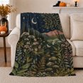 thumbnail image 1 of Whimsical Nocturnal Meadow Scene Crescent Moon Botanical Details, Peaceful Mountain Lake Scene, Warm Flannel Blanket for Cabin and Lodge, Outdoor Lovers Camping Gift, Celestial Home Decor, 1 of 9