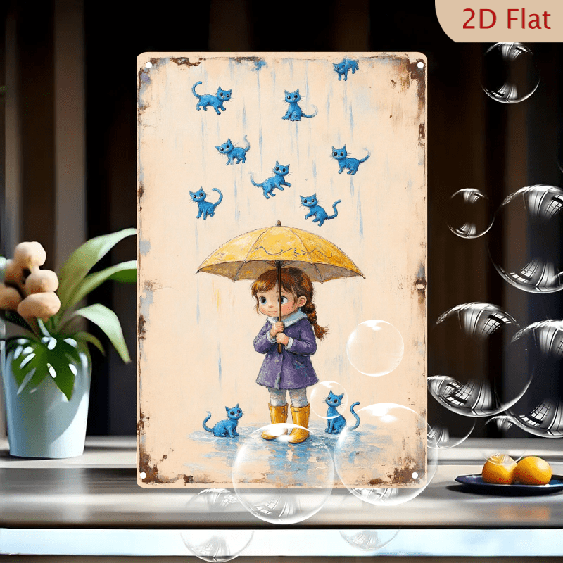 Whimsical Nostalgic Girl in Yellow Umbrella with Floating Blue Cats ...