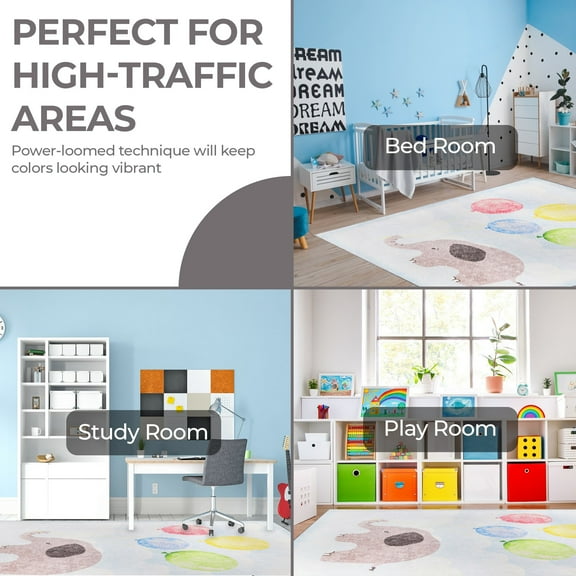 Whimsical Nursery Elephant Flatwoven Polyester Indoor Anti-Skid Kids' Area Rug , 5'7" X 8'9", Baby Blue