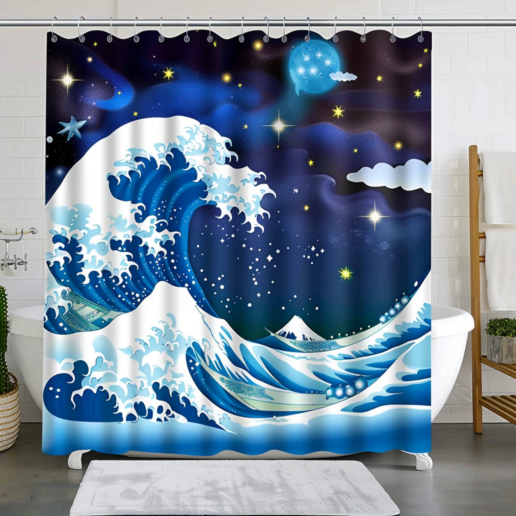 Whimsical Ocean Wave Shower Curtain with Starry Sky Transform Your