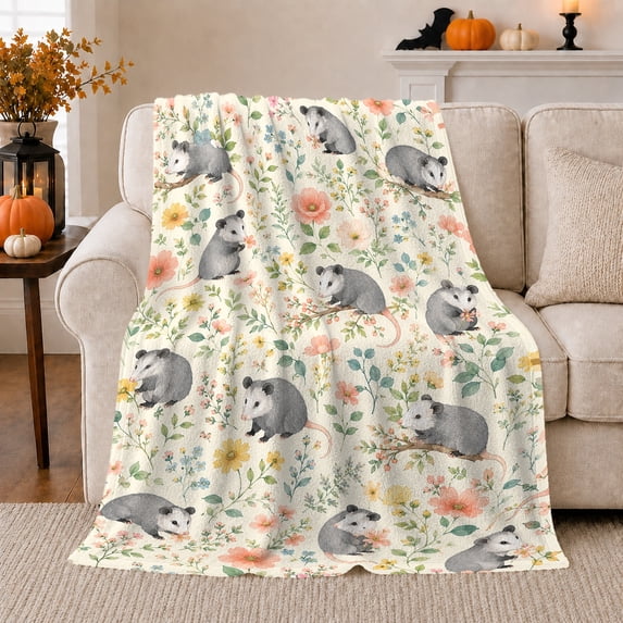 Whimsical Opossum Floral Scene Pumpkins, Cozy Friendship Quote Scene, Warm Flannel Blanket for Living Room and Reading Nook, Art Lovers Thanksgiving Gift, Artistic Home Decor