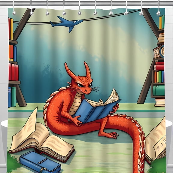 Whimsical Orange Dragon Reading Among Books Shower Curtain - Cozy Literary Design for Playful Bathrooms
