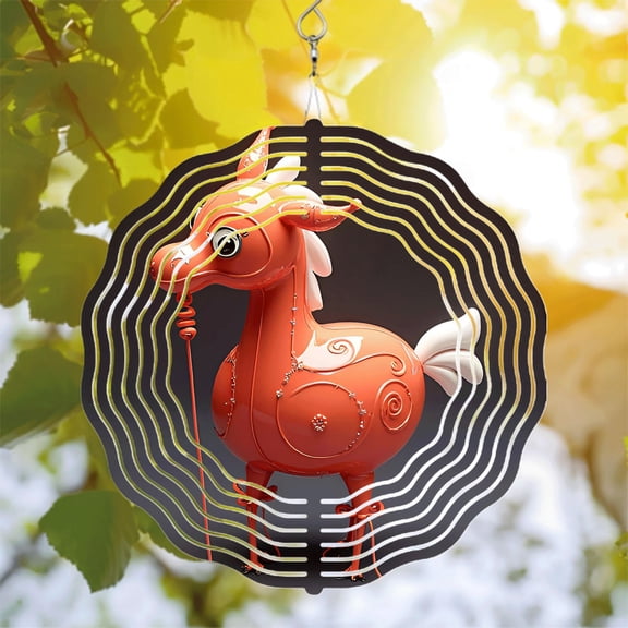 Whimsical Orange Horse Metal Wind Spinner with Intricate Patterns - Decorative Yard & Garden Wind Chime for Motion & Energy