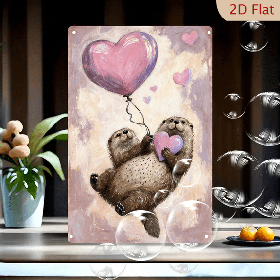 Whimsical Otters Floating with Heart Balloons 8x12 Inch Metal Wall Art, Romantic Pastel Sky Painting for Living Room Decor