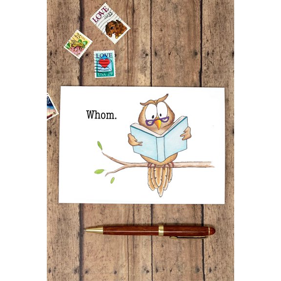Whimsical Owl Greeting Card "Whom." Design Perfect for Book Lovers and Friends Blank Inside with Envelope Included Fun Card for Any Occasion