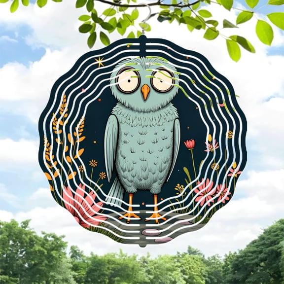 Whimsical Owl Metal Hanging Wind Spinner & Chime - Vibrant Blue & Orange Design with Colorful Floral Accents for Garden Decor