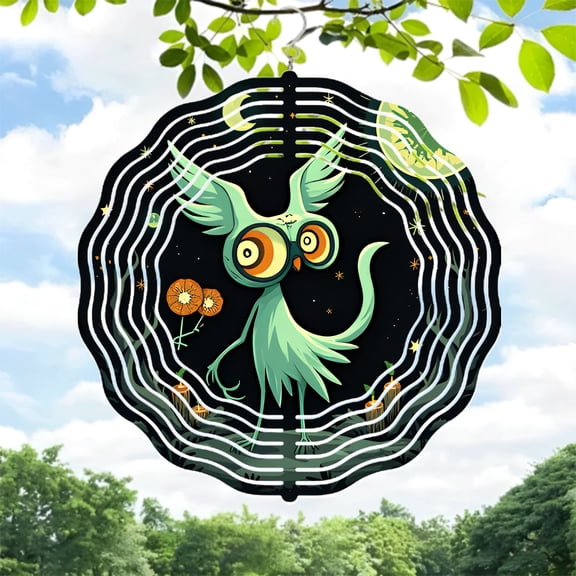 Whimsical Owl Metal Hanging Wind Spinner & Chime - Vibrant Green Feathers Orange Flowers Stars & Moon Design for Garden Decor