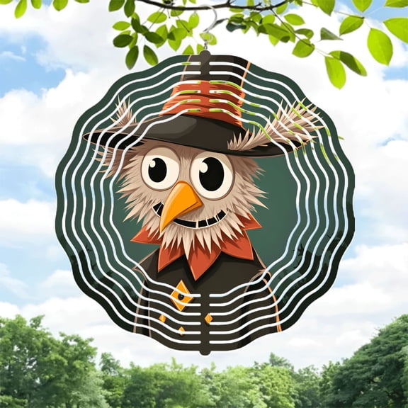 Whimsical Owl Metal Hanging Wind Spinner - Colorful Striped Hat & Diamond Accents - Dynamic Garden Decor for Yard & Patio