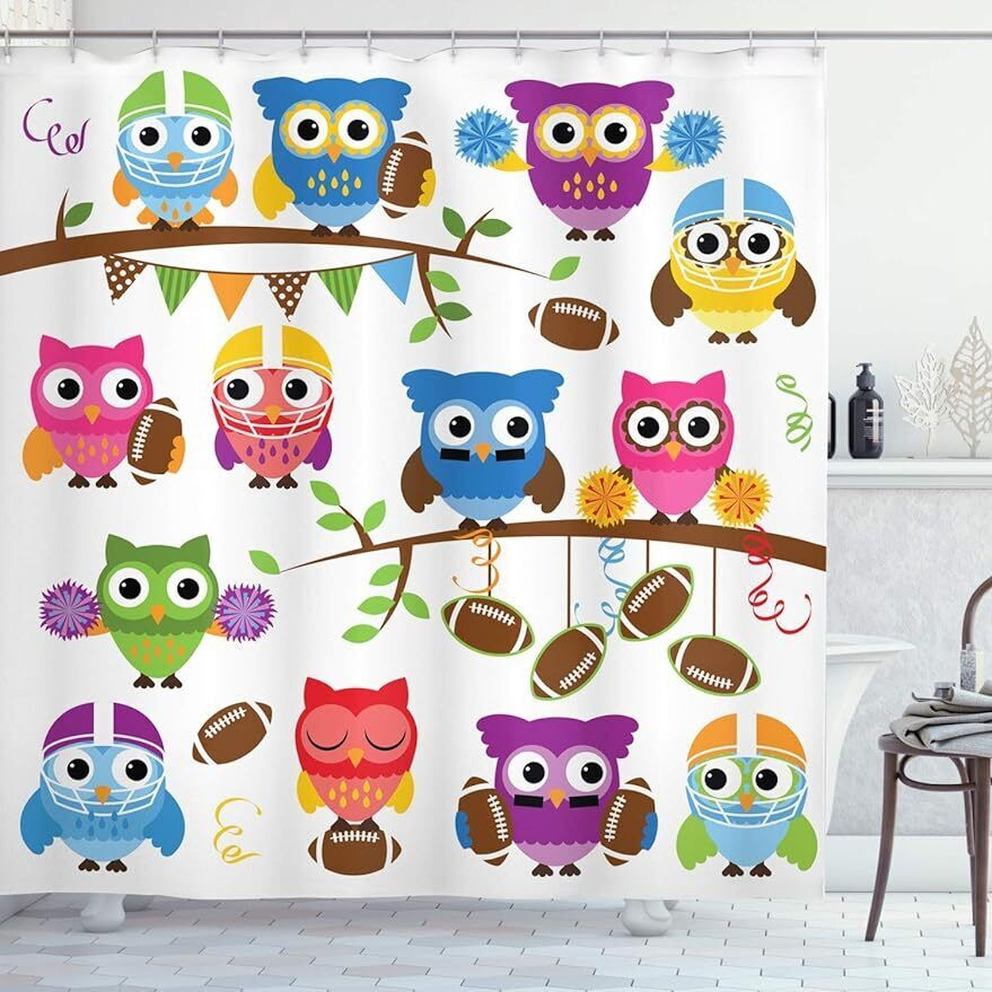 Whimsical Owl Shower Curtain Vibrant Cartoon Animals in Multicolor