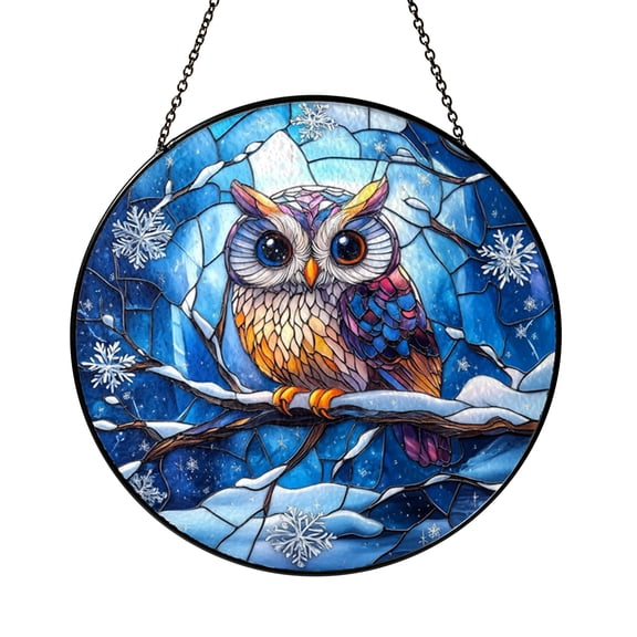 Whimsical Owl Stained Glass Suncatcher, Snowy Forest Window Hanging Art, Decorative Glass Style Panel, Cute Animal Design, Winter Home Decor, Gift for Bird Lovers