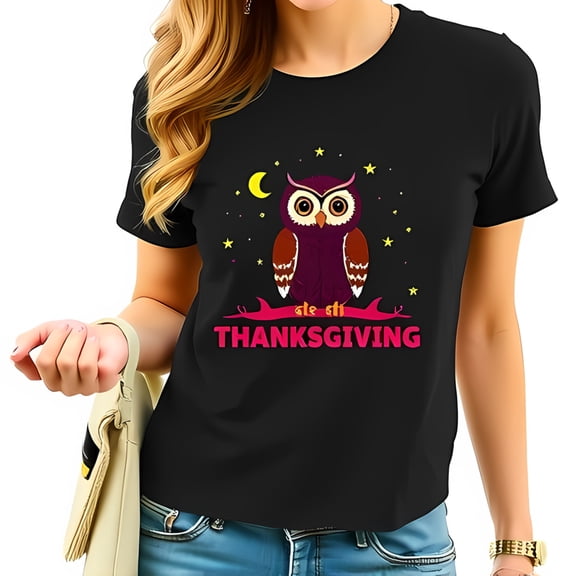 Whimsical Owl Thanksgiving Cotton Short Sleeve T-Shirt - Night Sky Design with Stars & Pink " THANKSGIVING " Text