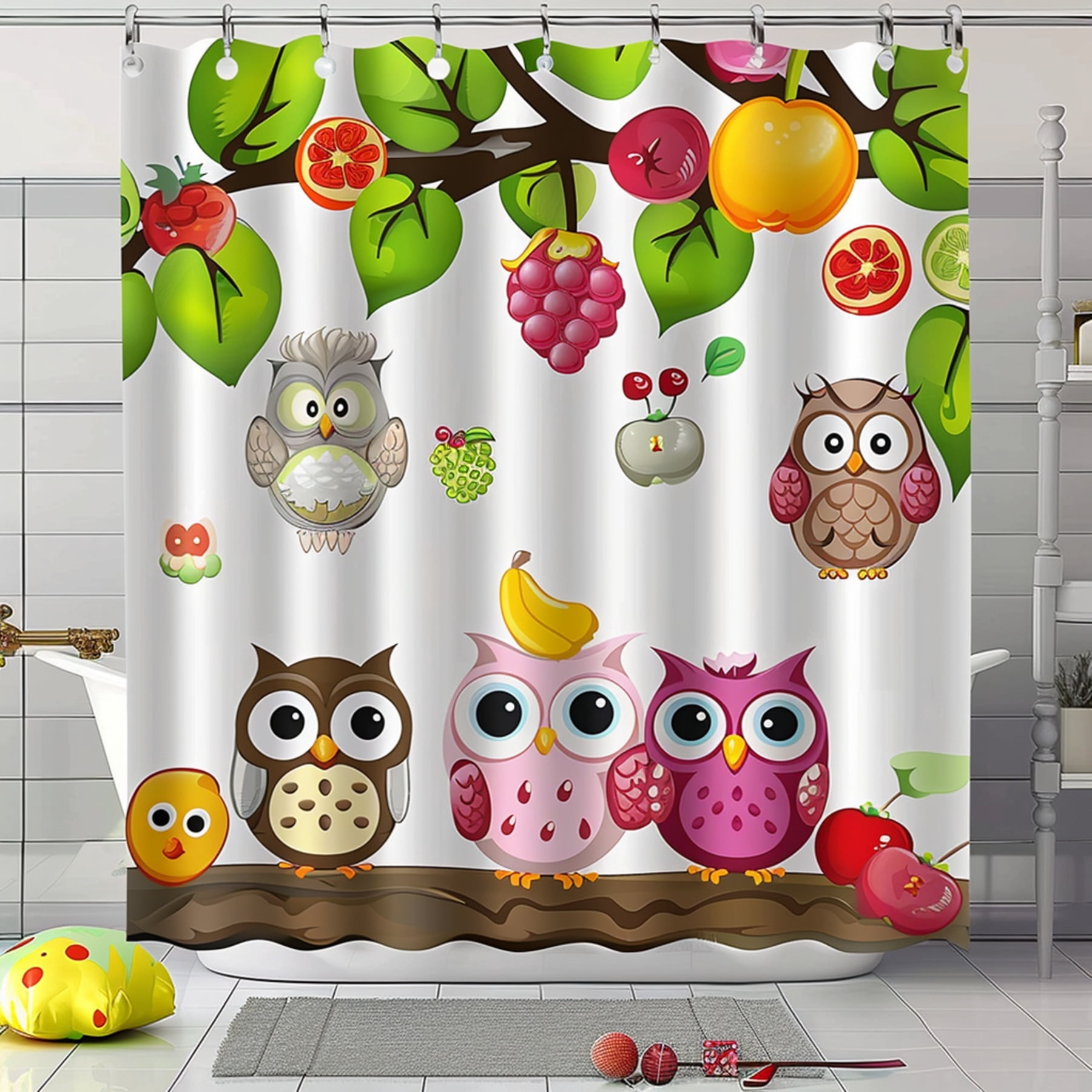 Whimsical Owl Tree Shower Curtain Kids' Room Decor with Colorful Fruits Bathroom Curtain for a ...