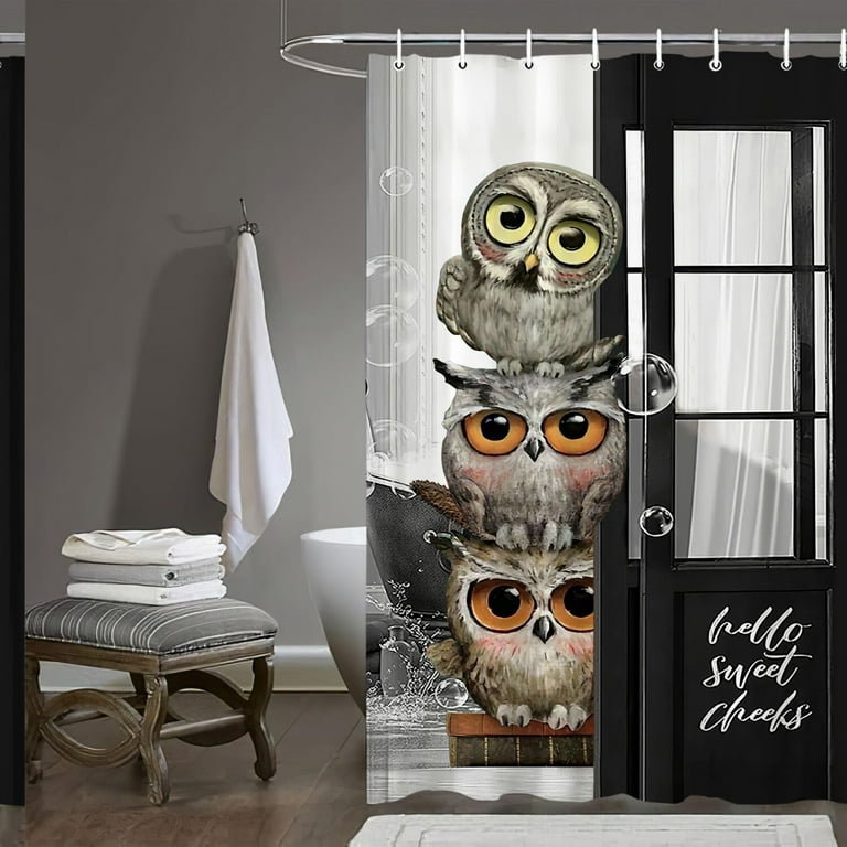 Whimsical Owl Waterproof Shower Curtain Cute Black White and Grey Animal Design Polyester Fabric with Hooks 60x72In Walmart