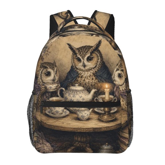Whimsical Owls Tea Time Art Backpack Casual College Bag Zipper Laptop Daypack Hiking Rucksack Travel