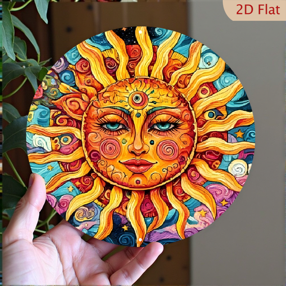 Whimsical Painted Sun Face Boho Celestial Decor, 8" Round Aluminum Wall Art, Metal Signs, Wall Decor For Kitchen, Door, Office, Bedroom Decor, Best Gifts For Room, Home, Bathroom Decor, Weird Decor