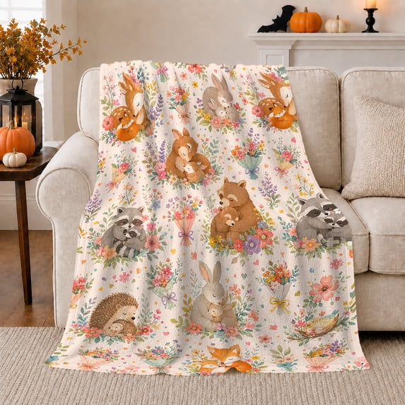 Whimsical Parent-family Woodland Animal Forest Scene, Peaceful Woodland Scene, Warm Flannel Blanket for Cabin and Lodge, Wildlife Lovers Housewarming Gift, Artistic Home Decor