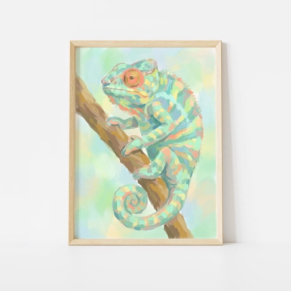 Whimsical Pastel Chameleon Art Impressionist Colorful Lizard Wall Art Print