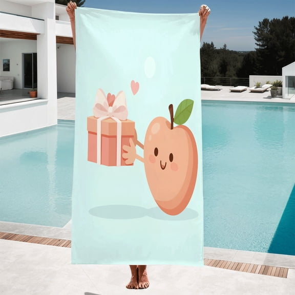 Whimsical Peach Character Beach Towel - Cheerful Design with Smiling Peach Gift Box Hearts on Soft Pastel Blue Background