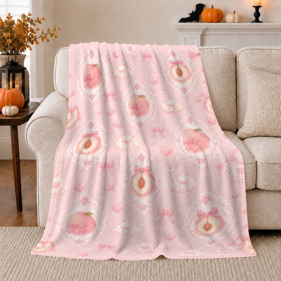 Whimsical Peach Motif, Cozy Playful Scene, Warm Flannel Blanket for Living Room and Bedroom with Detailed Artwork, Art Lovers Valentine's Day Gift, Playful Home Decor