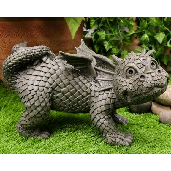 Whimsical Peeing Garden Dragon Statue 12"Long Baby Dragon Cocking Leg Figurine