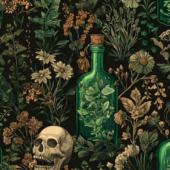 Whimsical Peel and Stick Wallpaper Botanical Skull Vintage Glass Bottles Greenery Wall Mural 23.6in x 9.8ft Self Adhesive Removable Wall Paper Renter Friendly Wallpaper for Kids Bedroom Studio