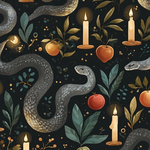 Whimsical Peel and Stick Wallpaper Serene Snake Floral Candles Black apples Wall Mural 23.6in x 9.8ft Self Adhesive Removable Wall Paper Renter Friendly Wallpaper for Kids Bedroom Studio