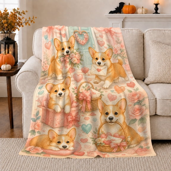 Whimsical Pembroke Welsh Corgi Romance, Festive Pet Portrait Pattern, Warm Flannel Blanket for Living Room and Reading Nook, Dog Lovers Christmas Gift, Pet Lover Home Decor