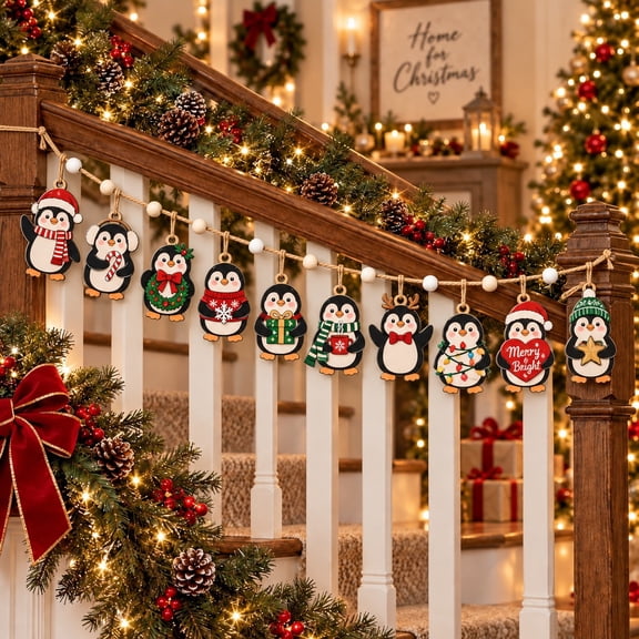 Whimsical Penguin Garland Christmas Banister Decor