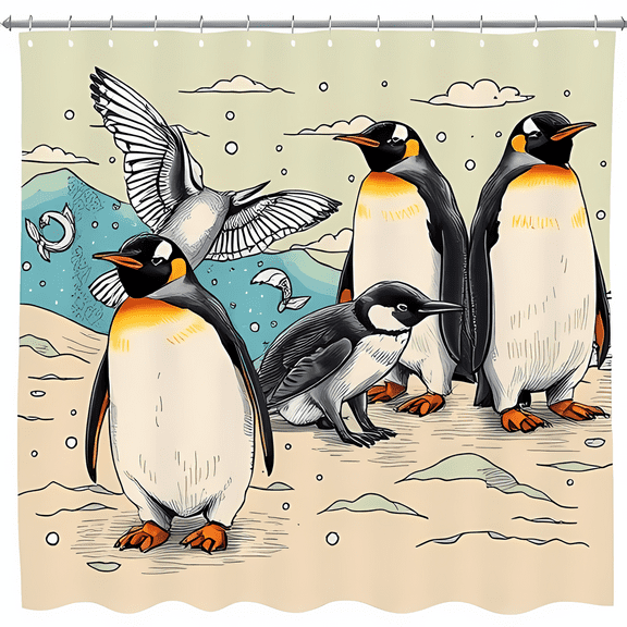 Whimsical Penguin Shower Curtain with Seabird in - Serene Antarctic Landscape Decor