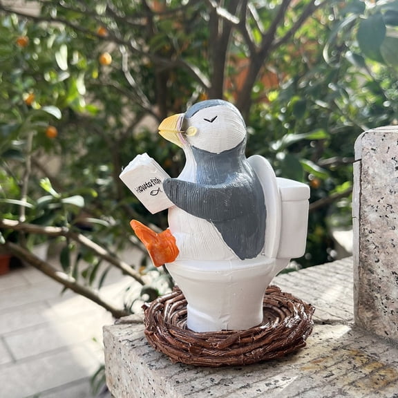 Whimsical Penguin on Toilet Reading Book Resin Figurine - Funny Bathroom Decor, Classic Humor Theme,Resin Material