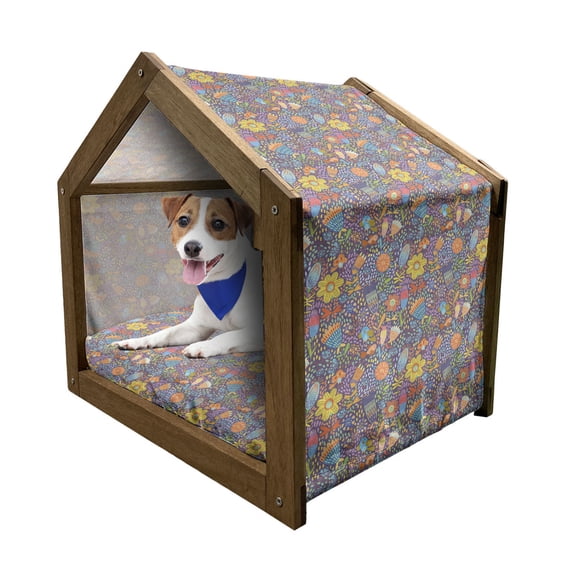 Whimsical Pet House, Colorful Spotty Pattern with Lively Blossoms Singing Happy Birds Fantasy, Outdoor & Indoor Portable Dog Kennel with Pillow and Cover, 5 Sizes, Multicolor, by Ambesonne