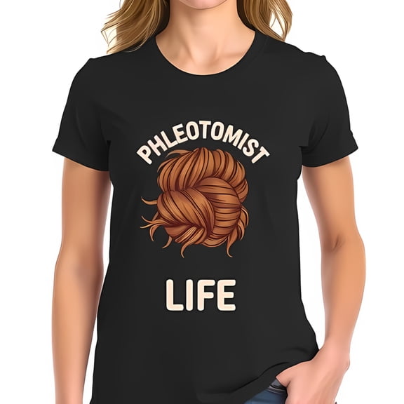 Whimsical Phlebotomist T-Shirt with Messy Bun Design - Fun Cotton Short Sleeve Tee for Professionals