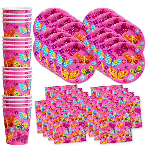 Whimsical Pink Butterfly Birthday Party Supplies - Butterfly Party Supplies Girls - Pink Birthday Party - Girly Birthday Party - Tableware Set Includes Plates Napkins and Cup | Kit for 16